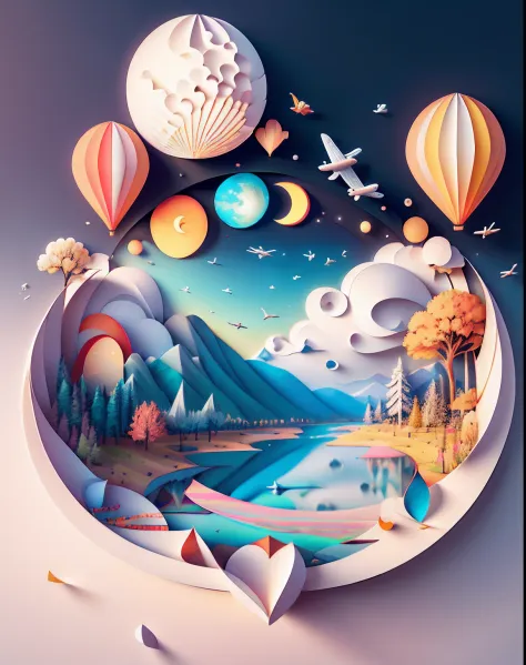 add "2023Diary" title using artistic font, realistic, airplane, Softlight,(warm color:1.2),Water color painting,light background,best quality exquisite details,3d rendering,Octane render,pastel, Moon, river, storm, ultra high quality,(paper_cut:1.15) (:nature:) (hopeful feeling)