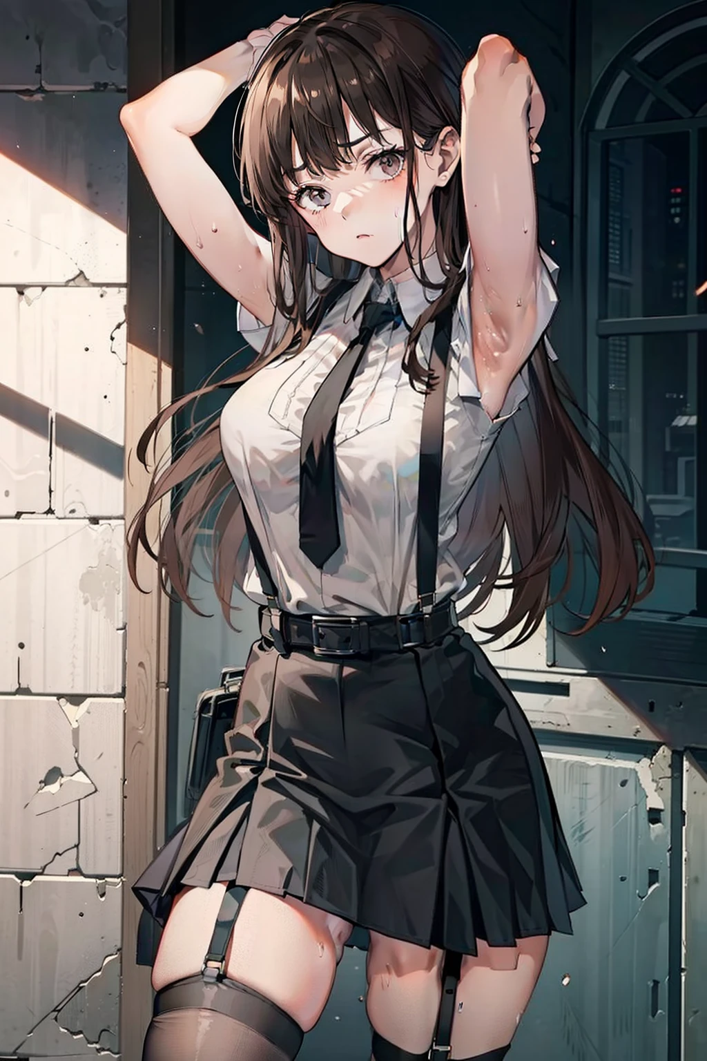 Black skirt, Cutter shirt　suspenders, Brown hair Gray eyes, Garter belt on the legs, Tight clothes, 　　 a belt　Armpit sweat　　deadpan　large full breasts