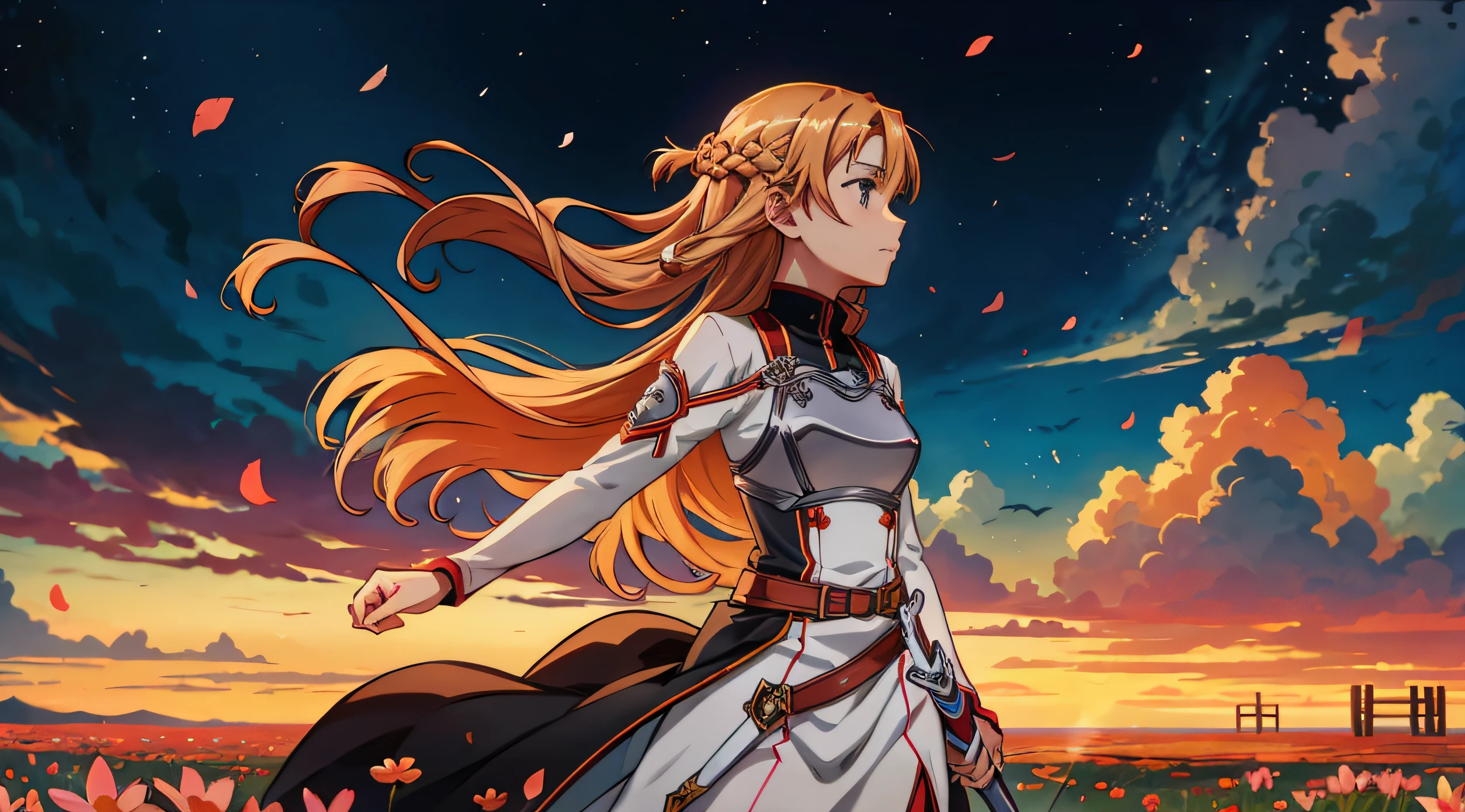 Asuna de Sword Art Online
Ella está de pie en un campo de flores, su cabello fluyendo en el viento.
Ella lleva su armadura de batalla, y su espada está desenvainada.
Ella se ve decidida y concentrada, lista para enfrentar cualquier desafío que se presente.
El fondo es oscuro y tormentoso., pero Asuna está iluminada por una luz brillante, simbolizando su fuerza interior y coraje.
La imagen está llena de detalles, y los colores son vibrantes.
El ambiente general de la imagen es de anticipación y emoción.