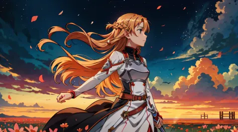 Asuna from Sword Art Online
She is standing in a field of flowers, her hair flowing in the wind.
She is wearing her battle armor...