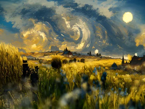 Draw in a field on sky background, in the style of van gogh, Van Gogh style, van gogh art style, Vincent Van Gogh style, Inspire...