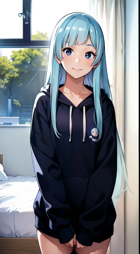masterpiece, best quality, 1girl, fun, funny, perfect face, expressive eyes, cute, smiling, peace sign, ((two fingers)), happy, mischevious, blue eyes, modern, beautiful cothes,black hoodie, BREAK miwakasumi, light_blue_hair, blunt bangs, long hair, cozy, ...
