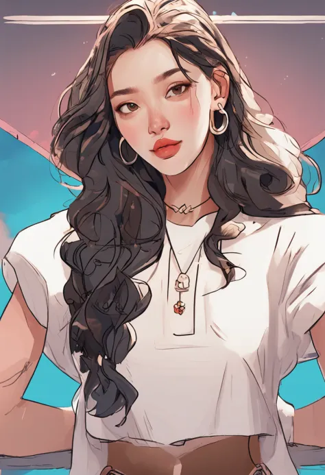 Cartoon image of a woman with permed hair, Super pretty 20-year-old Korean model, Cartoon style illustration, Cartoon Art Style, Digital illustration style, Highly detailed character design, cute detailed digital art, beautiful digital illustration, high q...