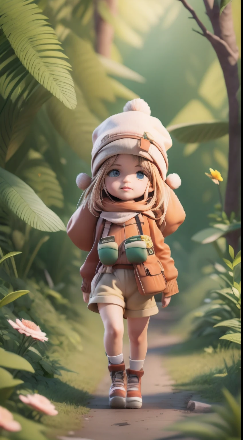 There is a poster with a cartoon character in a hat and backpack, female explorer mini cute girl, walking in the wilderness, flower jungle, animation style rendering, cute 3 D rendering, small characters. Unreal Engine 5, stylized anime, cute detailed digital art, Atey Ghailan 8 K, stylized 3D rendering, adventure surreal rendering, anime style 3D, 3D rendering stylized