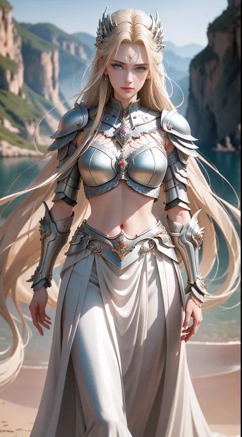 8K  UHD，RAW photo，A woman in silver armor，Skirt armor，Handsome girl，long whitr hair，blonde with blue eyes，The face is delicate，D...