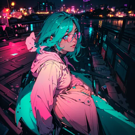 (masterpiece, best quality, dynamic pose:1.3), absurdres, cowboy shot, delicate girl, teen, 15yo, (pink and cyan theme, neon lig...