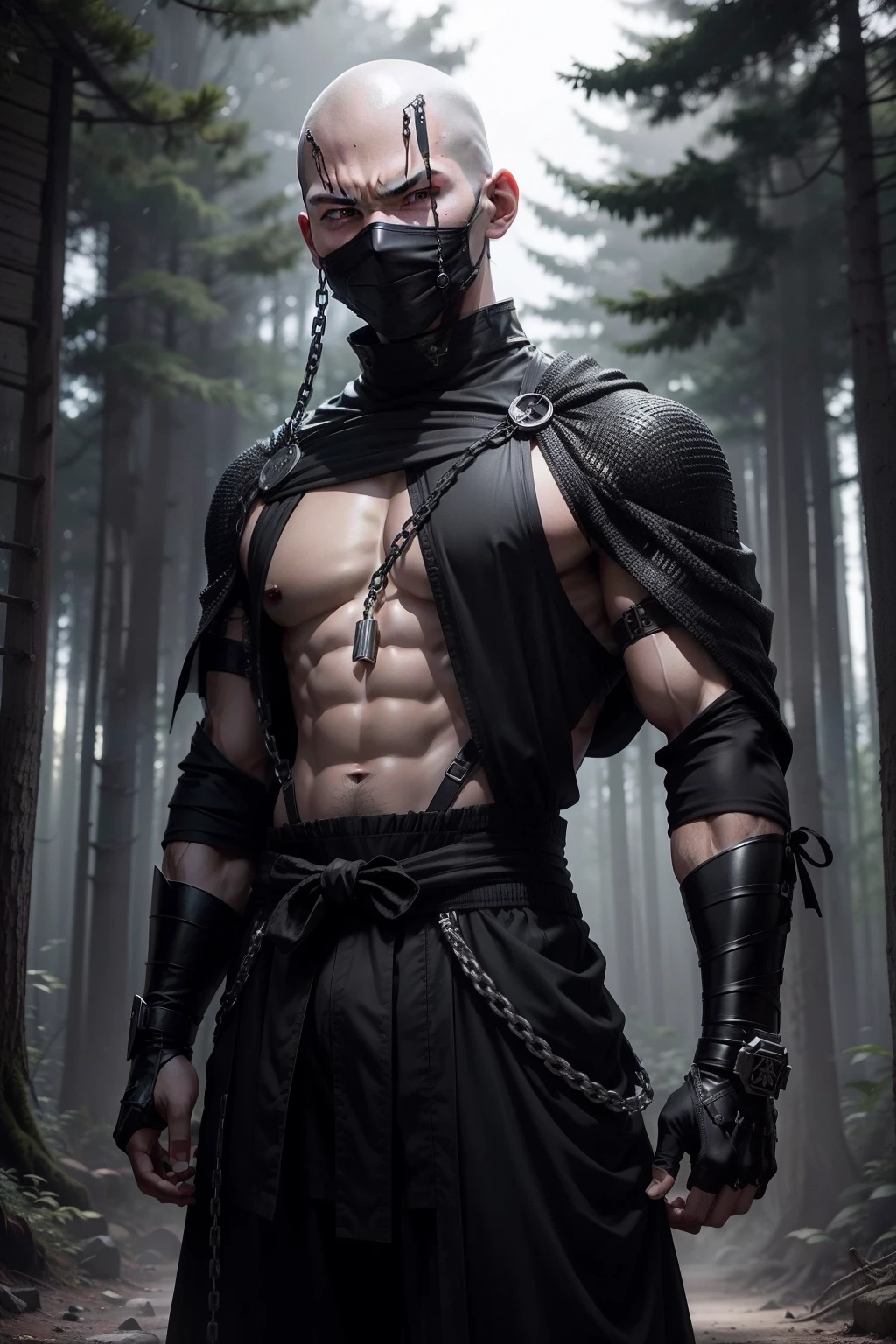 masutepiece、超A high resolution、Powerful images、8K、scene inside forest、eighteen-year-old boy、Shaved head、macho、Black ninja costume、chain mail、Niō Standing、Angry look、Wearing a white haori、