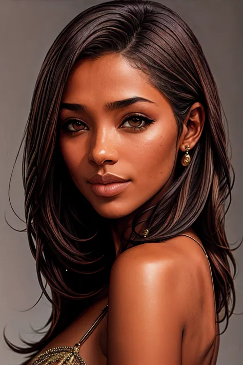 best quality, ultra high res, (photorealistic:1.4), masterpiece, 1girl, brown skin color, brown_eyes, from_behind, fur_trim, hair_over_one_eye, lips, long_hair, make up, looking_at_viewer, looking_back, nose, photo_\(medium\), photorealistic, realistic, so...