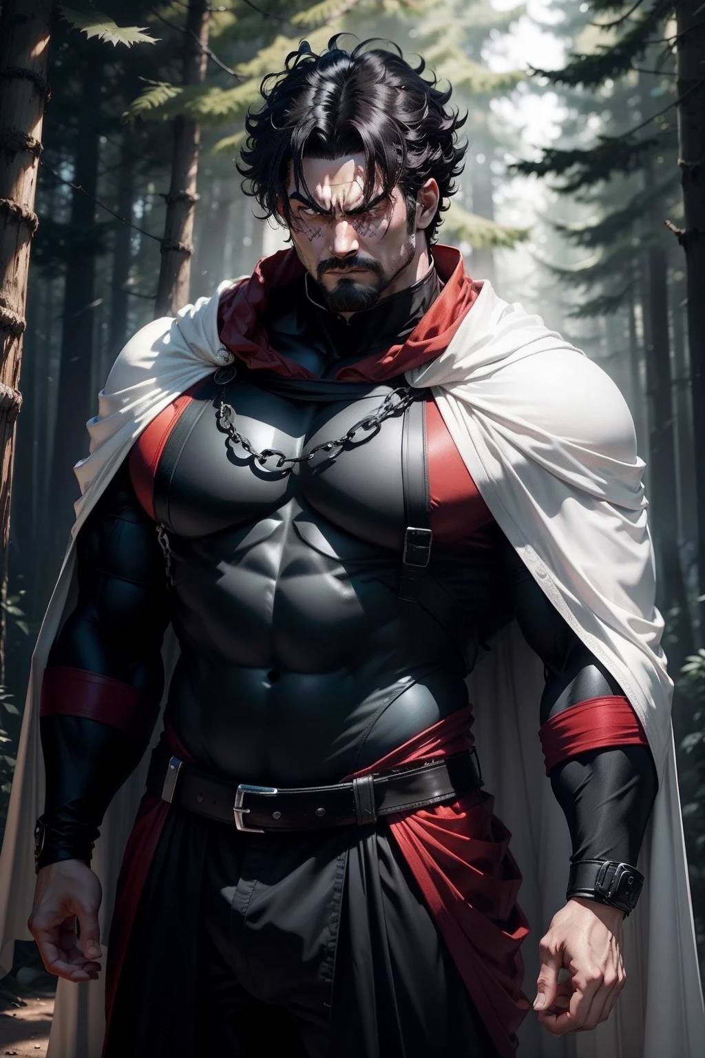 masutepiece、超A high resolution、Powerful images、8K、scene inside forest、35 year old big man、macho figure、Red mesh on black hair、Short Bob、Curly hair、Blue Ninja Costume、chain mail、Niō Standing、Angry look、Wearing a white cloak、