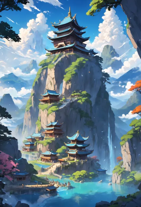 Henggu Continent，Eternal mountain view，Fairy-like，Auspicious clouds flutter，White clouds，Blue water sparkles，The mountains are undulating，Ancient trees，Exotic flowers，Beautiful scenery。A large bell in the magnificent square in the valley，Around a group of ...