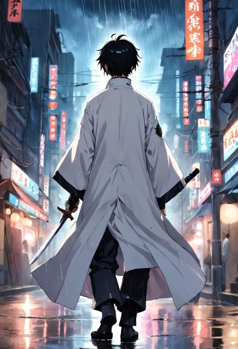 Costume rainy night capital stone road male swordsman capable back white coat seven-point sleeves black lining