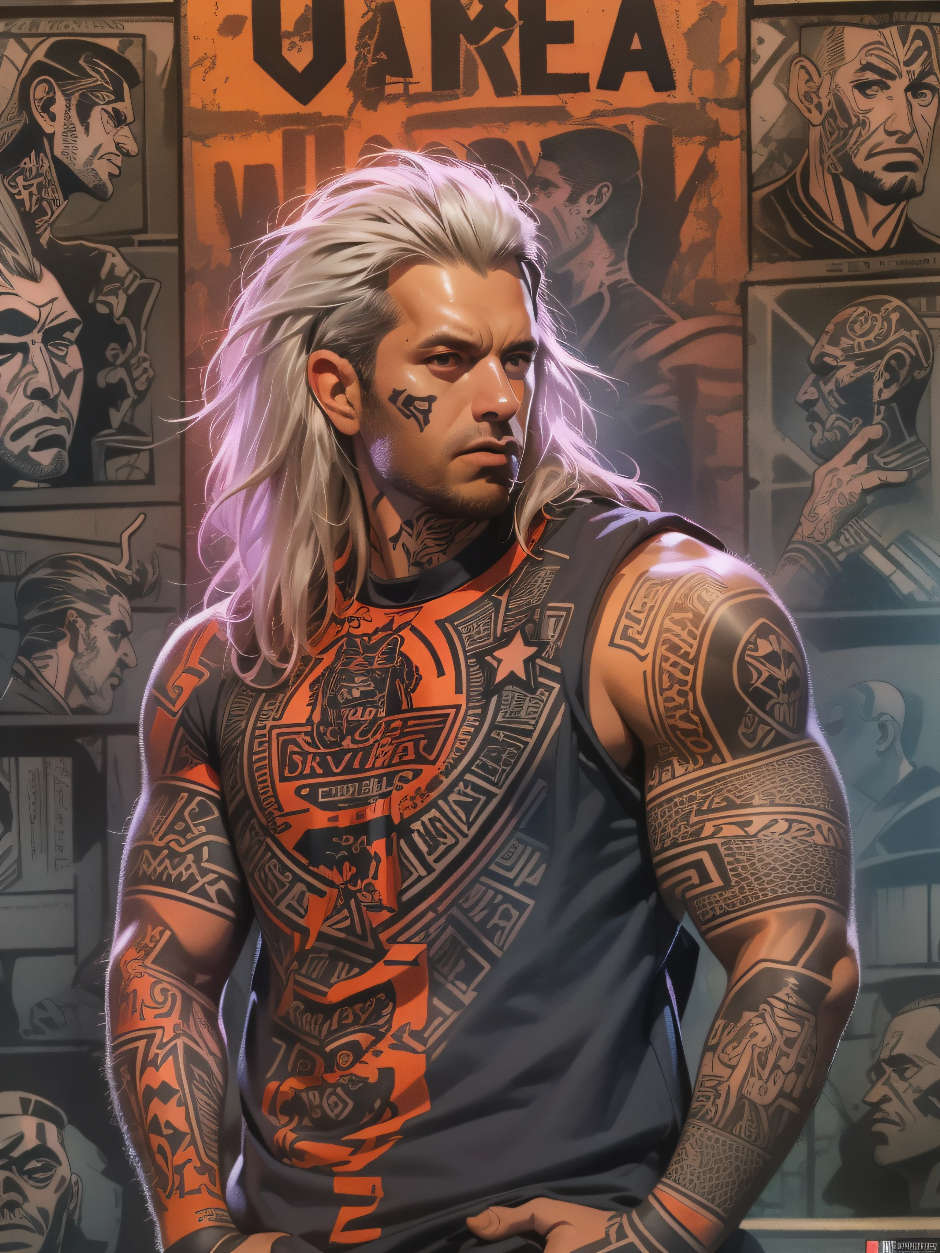 (((Homem))), (((melhor qualidade))), (((obra prima))), (((adulto))), (((1 homem))), ((( corte de cabelo moicano raspado nas laterais:1.5))), Um gladiador cyberpunk homem de 35 anos com corpo perfeito, ((various tattoos on the face:1.5)), shoulder pads with metal spines, Gladiadores do Brooklyn, (( corte de cabelo raspado nas laterais )), Correntes,  camiseta de time de rugby rasgada, quase nu no estilo selvagem urbano de Simon Bisley para a capa da revista Heavy Metal, Cabelo castanho curto, Minimum clothing, Metal protection on the left arm with intricate graphics, dark orange with white stars and white and purple checkerboard pattern, armadura, cheio de pontas e rebites, (((do joelho pra cima))), cabelos castanhos curto, no fundo uma parede pintada por Shepard Fairey com um design intrincado