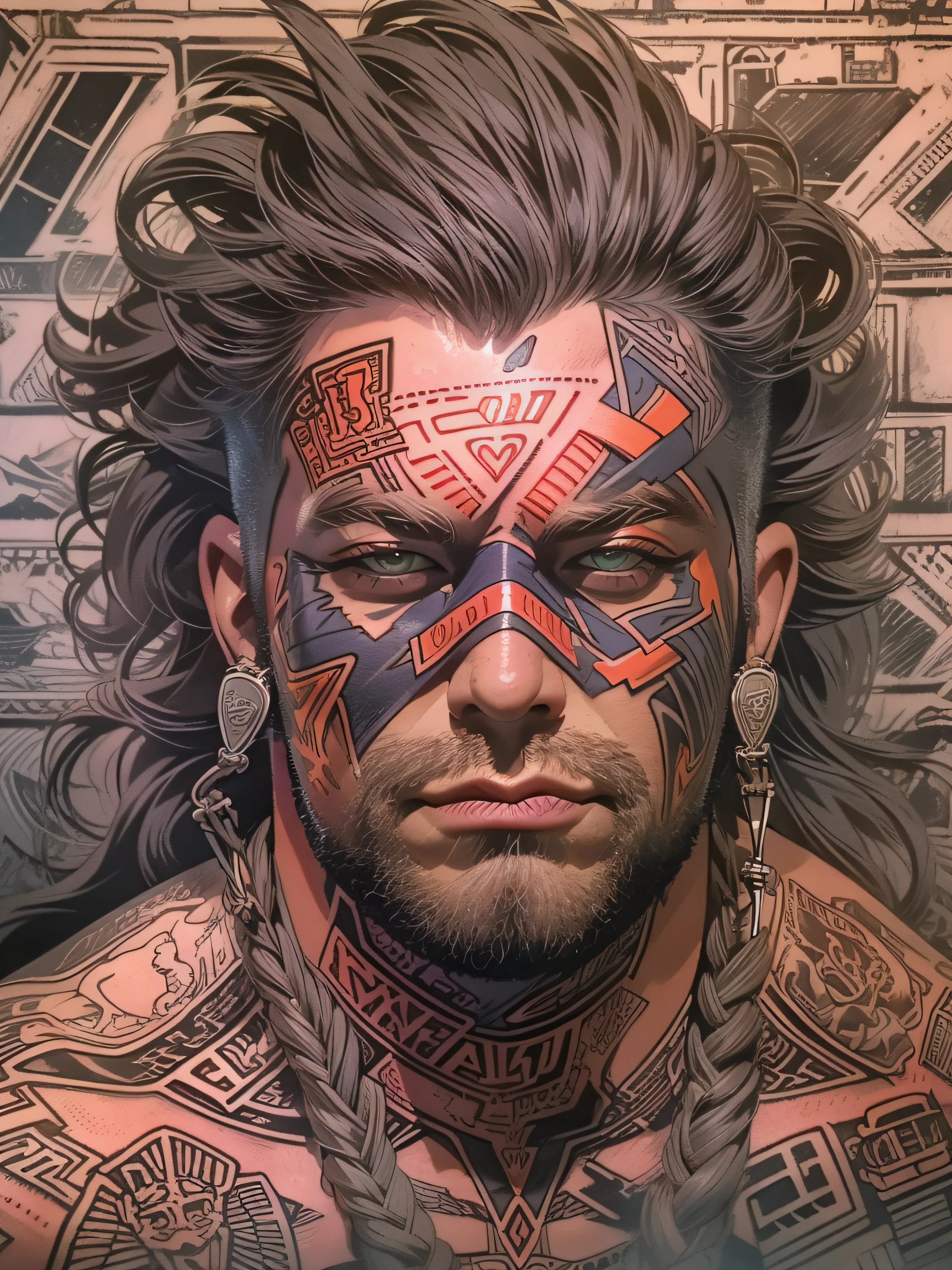 (((Homem))), (((melhor qualidade))), (((obra prima))), (((adulto))), (((1 homem))), ((( corte de cabelo moicano raspado nas laterais:1.5))), Um gladiador cyberpunk homem de 35 anos com corpo perfeito, ((várias tatuagens no rosto:1.5)), ombreiras com espinhos de metal, Gladiadores do Brooklyn, (( corte de cabelo raspado nas laterais )), Correntes,  camiseta rasgada da época do rugby, quase nu no estilo selvagem urbano de Simon Bisley para a capa da revista Heavy Metal, Cabelo castanho curto, Roupas mínimas, Proteção metálica no braço esquerdo com gráficos complexos, laranja escuro com estrelas brancas e padrão quadriculado branco e roxo, armadura, cheio de pontas e rebites, (((do joelho pra cima))), cabelos castanhos curto, no fundo uma parede pintada por Shepard Fairey com um design intrincado