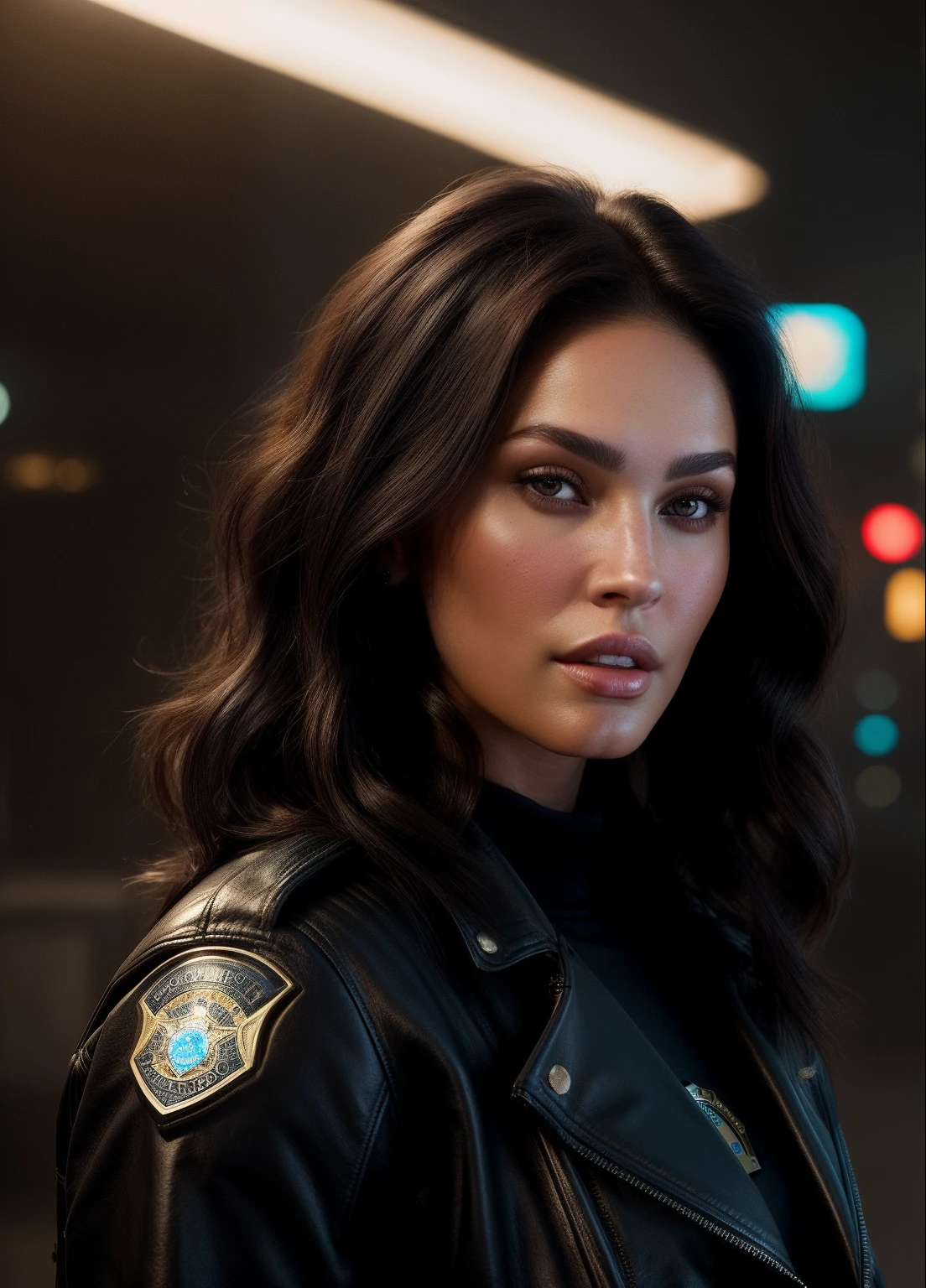 close up Portrait of megfo as a beautiful female model, georgia fowler, beautiful face, cleavage, with short dark brown hair, in cyberpunk city at night. She is wearing a leather jacket, black jeans, dramatic lighting, (police badge:1.2)