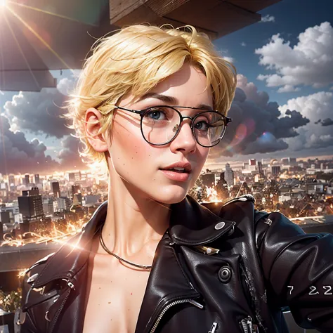 Blonde woman with glasses with short hair,