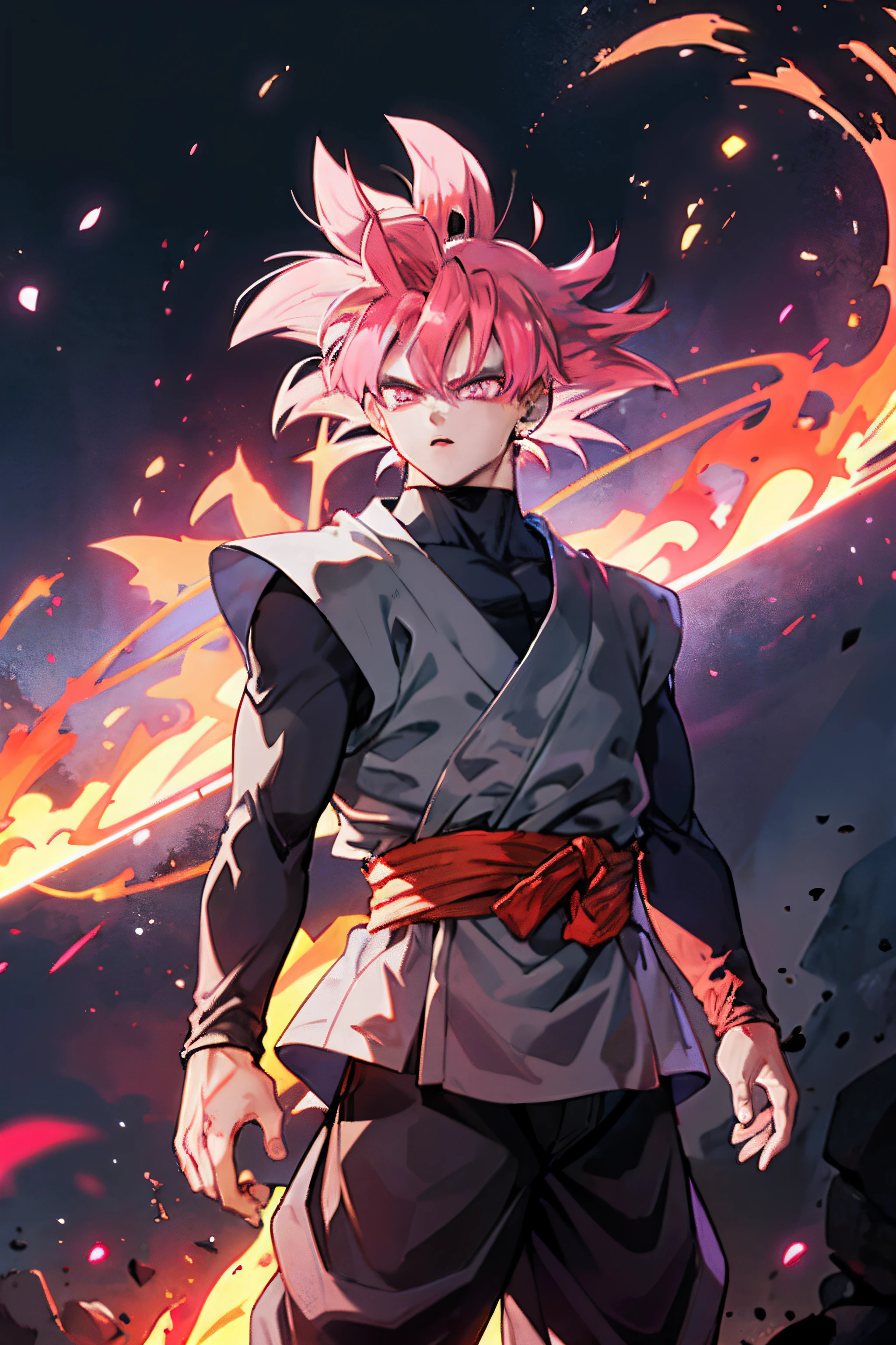 chef-d&#39;œuvre,Goku noir,vêtements modernes,poils roses,yeux roses,aura rose,particules de flamme dans l&#39;air
