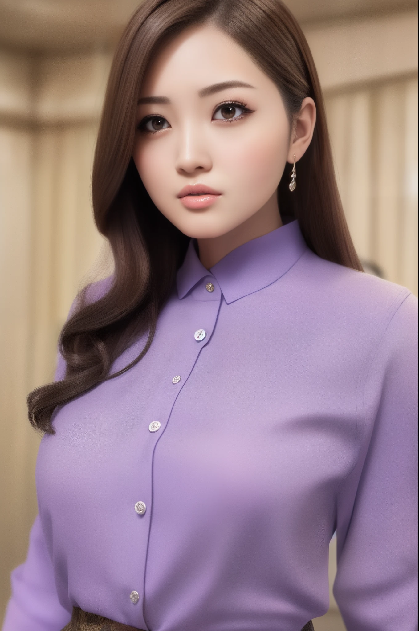 Beautuful Women、A hyper-realistic、hyperdetailed face、Detailed lips、Full lips、A detailed eye、slick skin、Button shirt、tight skirts、jaket