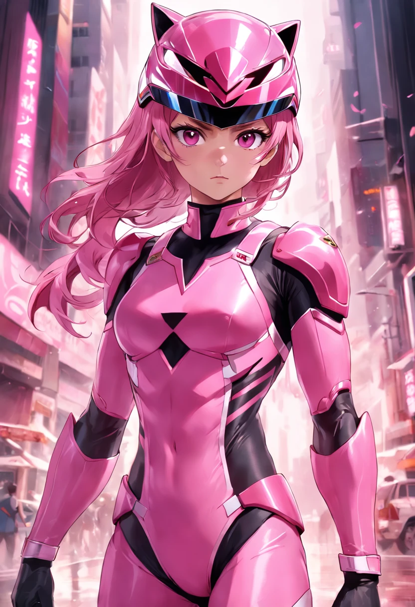 A close up of a person in a pink suit on a city street - SeaArt AI