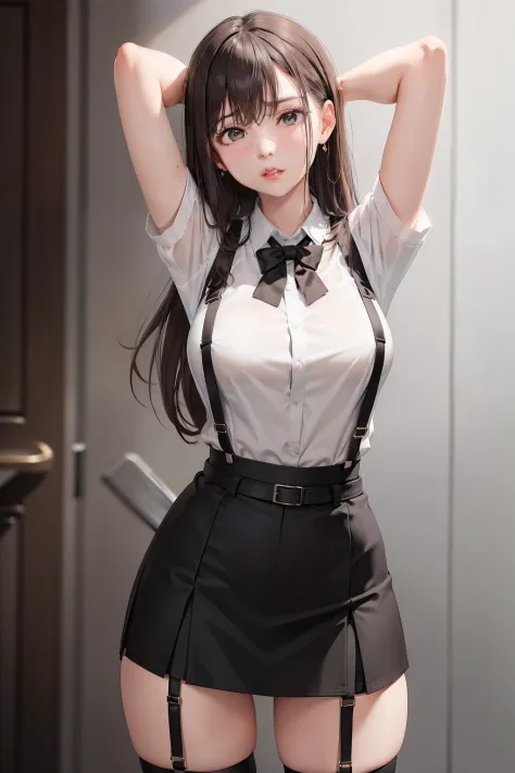 Black skirt, 　suspenders, Brown hair Gray eyes, Garter belt on the legs, Tight clothes, 　　 a belt　Armpit sweat　　deadpan　moderate breasts