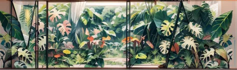 a drawing of a group of plants with a picture of a man, jungle grunge, art nouveau jungle environment, plants and jungle, botanic foliage, architectural and tom leaves, leaves and vines, branches and foliage, big leaves and stems, fading to dust and leaves...