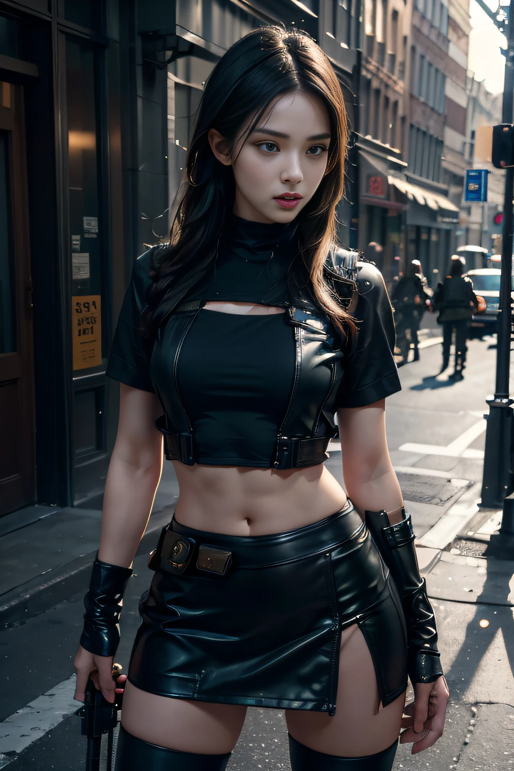 1girll, (Photorealistic)++, Beautiful lighting, Masterpiece++, Best quality++, Realistic, Full body portrait, Realphotos, intricately details, Depth of field, 1 girl, Soldier girl black hair sniper rifle handle, Black military uniform,Superskirt， bulletproof vest, Holding an assault rifle, M16, Inside the city, Very detailed, Perfect face, Black eyes, Lips, Wide hips, Small waist,Bare chest， Tall,Background battlefield， Makeup, Fujifilm XT3, Epic professional photography：Ed Blinkey, atey ghailan, by Ghibli Studio, author：Jeremy Mann, Greg Manchess, Antonio Moro, trending on artstationh, trending on CGSociety, Intricate , High detail , Sharp focus, Impressive, Realist art by Midjourney and Greg Rutkowski, Original image, 8K  UHD