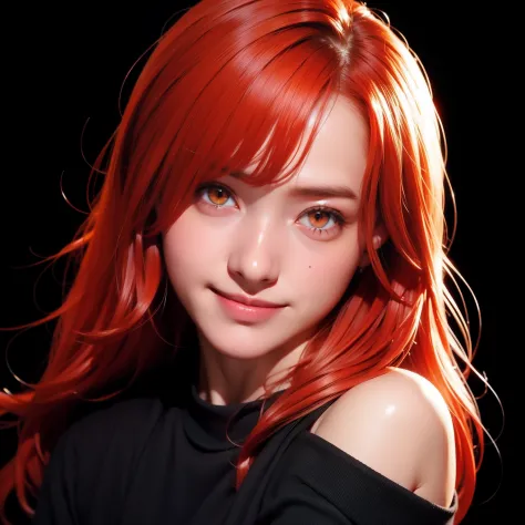 Child gentle smile, red hair, orange eyes, black background and lsra
