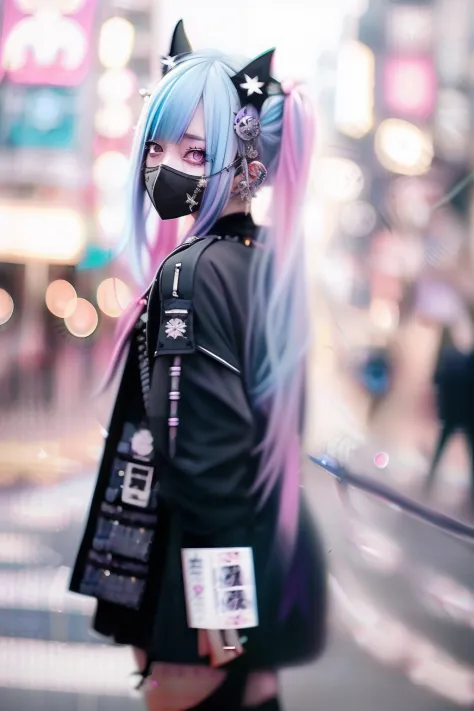 Pink hair、blue hairs、Colorful hair color、goth_punk, 1girl in, 独奏, medium shot, Walking in Harajuku, ((during night)), bokeh dof,...