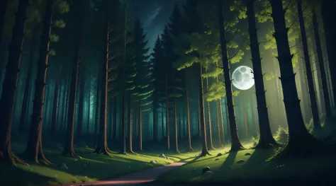 green moon is shining in the sky over a forest, forest and moon, glowing green, background artwork, green glows, green glow, dark fantasy forest, 4k concept art, green lights, haunted green light lights green full moon in a forest, forest and moon, deep fo...