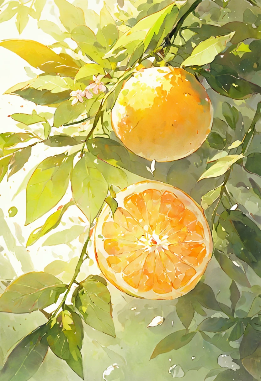 Yuzu,Yuzu flowers,painting of a,aquarelle,sketching,Floralism,a plant,the fruits,Slice the grapefruit,Grapefruit,Ripe pomelo,Grapefruit peel,orange colors,green color,white colors