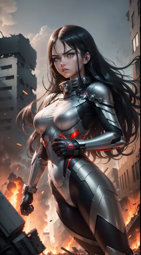 (maximum quality) girl, angry expression, (long black hair), fighting giant spiders in a destroyed city, (born fighter), (metallic spiders jumping hero), metallic tech suit with blue and gray details, (large and detailed shoulder pads) ) (Red round symbol ...
