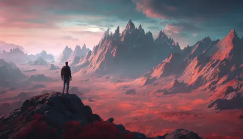arafed view of a man standing on a rocky mountain with a planet in the background, concept art wallpaper 4k, 4k highly detailed digital art, 8k hd wallpaper digital art, hq 4k phone wallpaper, 8k stunning artwork, wallpaper 4 k, wallpaper 4k, artgem and beeple masterpiece, 4 k hd illustrative wallpaper