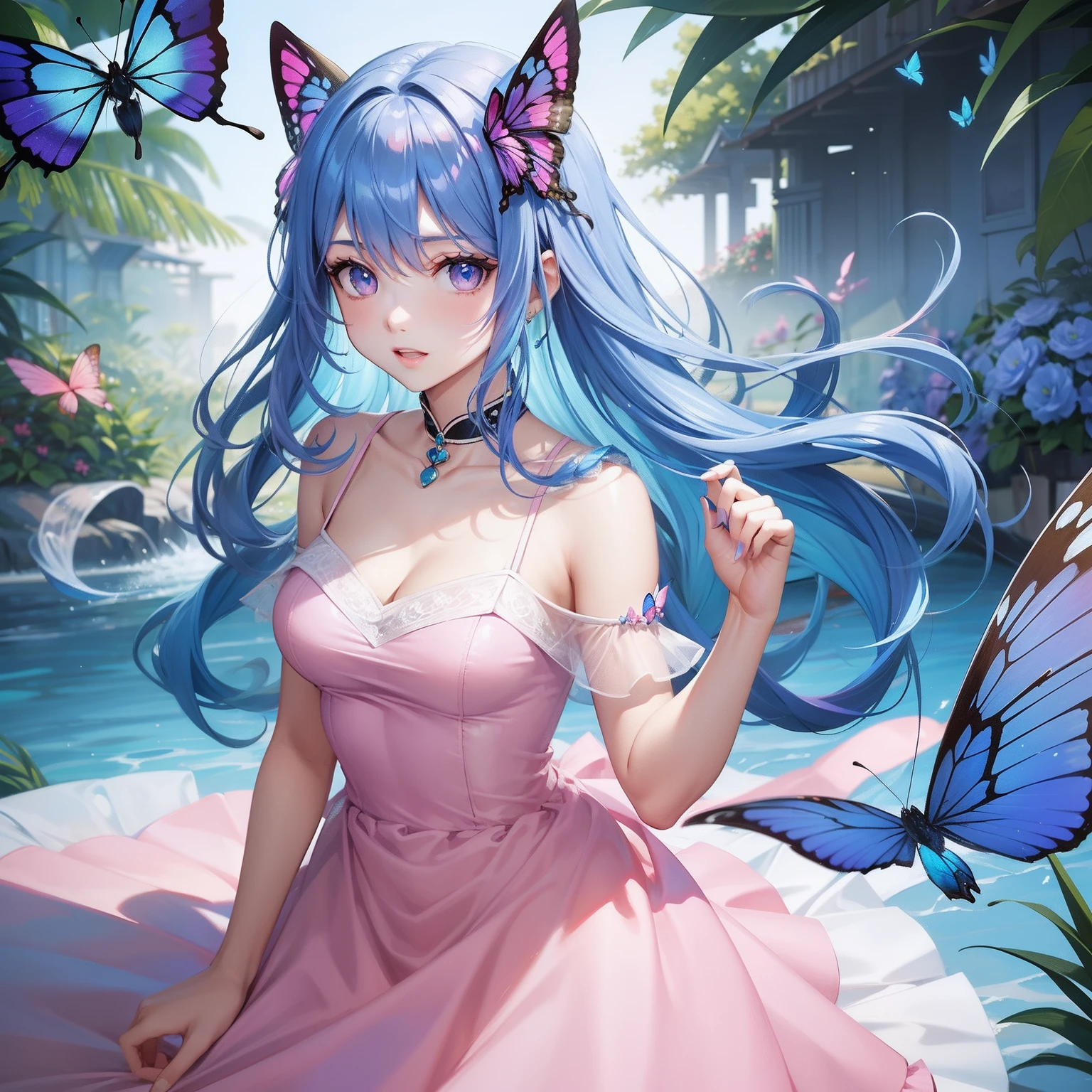 a women, blue butterfly, blue hair, pink eyes, pink dress - SeaArt AI