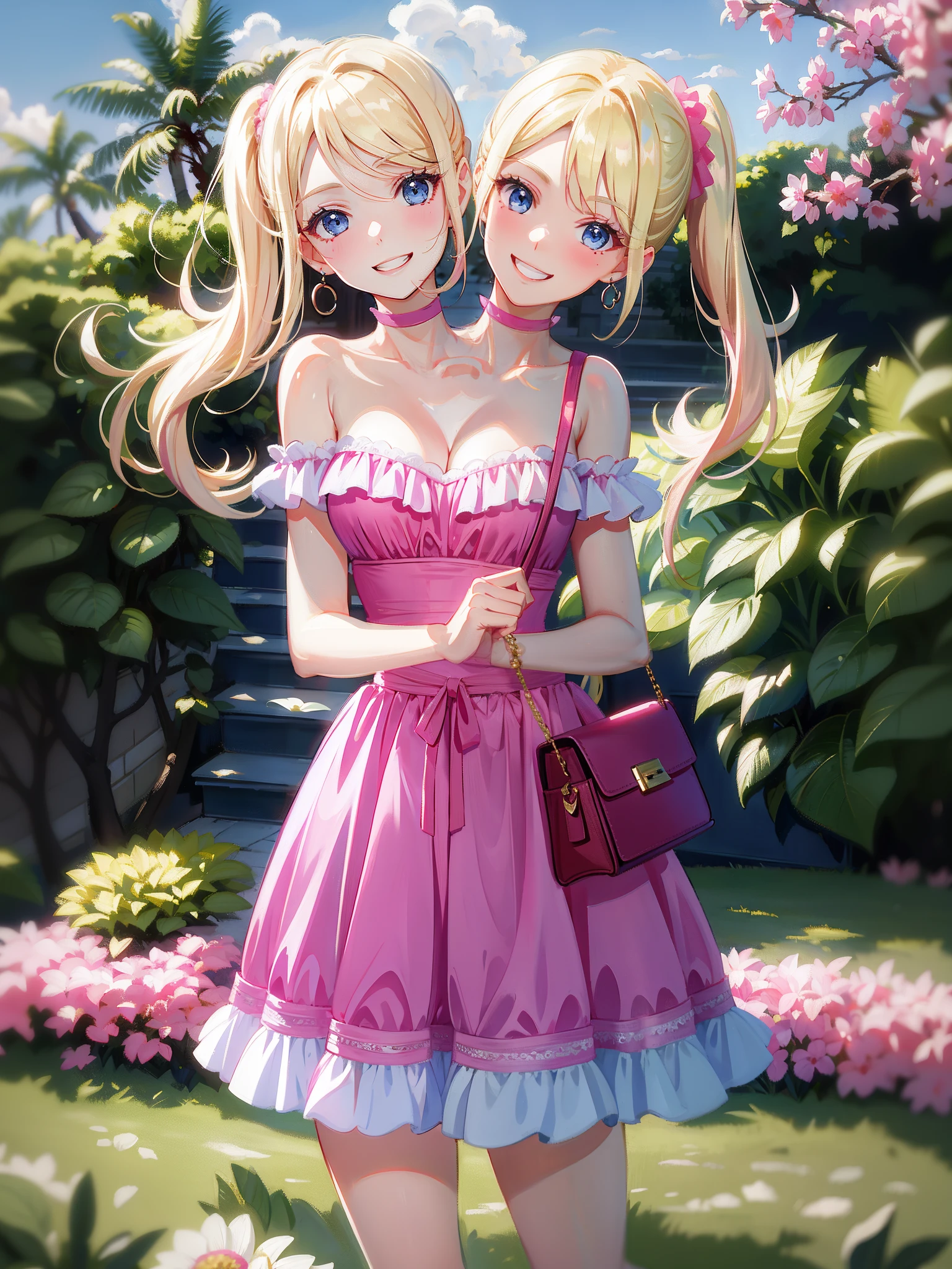 (masterpiece, best quality), best resolution, (2heads:1.5), 1girl, barbie, blond hair, low ponytail, different hair styles, shoulder length hair, blue eyes, smiling, mouth open, different facial expressions, mouth closed, pink dress, holding a handbag, front yard of pink house, suburban