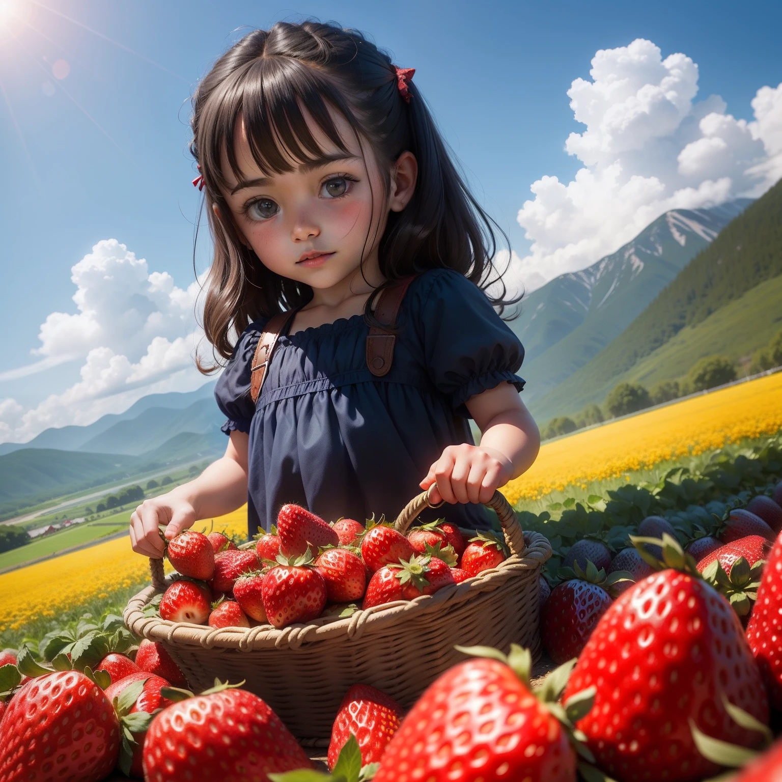 The little girl is sweet, Pick strawberries in a strawberry field, Far Mountain, Blue sky, k hd, meticuloso.