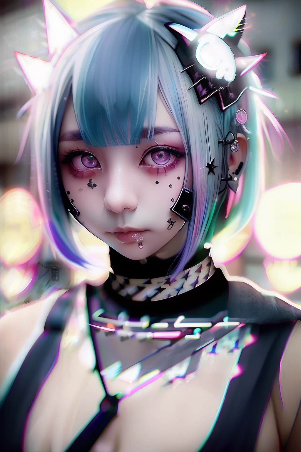 head phone、🎧、A darK-haired、Black hair、🏴‍☠️、skull、☠️、Green hair color、❤️、Pink hair、blue hairs、Colorful Hair Color、goth_punk, 1girl in, solo, medium shot, Walking in Harajuku, ((during night)), bokeh dof, Neon light, Iridescent eyes, starrysky, White shiny hair, White eyebrows, Radiant hair, (iridescent white hair), 耳Nipple Ring, bangss, jewely, masks, bluntbangs, verd s eyes, Mouth mask, blurry backround, bblurry, hair adornments, Look at viewers, shorth hair, portraitures, side locks