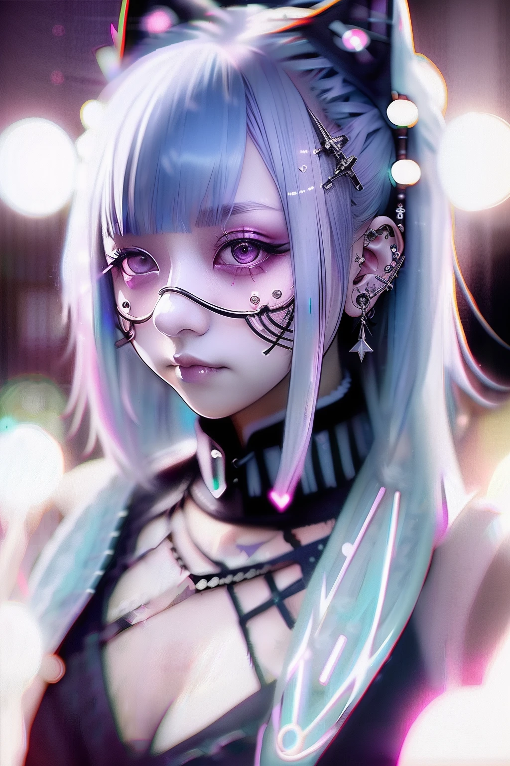 head phone、🎧、A dark-haired、Black hair、🏴‍☠️、skull、☠️、Green hair color、❤️、Pink hair、blue hairs、Colorful Hair Color、goth_punk, 1girl in, 独奏, medium shot, Walking in Harajuku, ((during night)), bokeh dof, Neon light, Iridescent eyes, starrysky, White shiny hair, White eyebrows, Radiant hair, (iridescent white hair), 耳Nipple Ring, bangss, jewely, masks, bluntbangs, verd s eyes, Mouth mask, blurry backround, bblurry, hair adornments, Look at viewers, shorth hair, portraitures, side locks