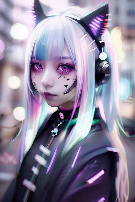 head phone、🎧、A dark-haired、Black hair、🏴‍☠️、skull、☠️、Green hair color、❤️、Pink hair、blue hairs、Colorful Hair Color、goth_punk, 1gir...