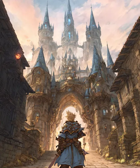 a close up of a person walking through a town with a castle in the background, final fantasy artwork concept, in front of a fant...
