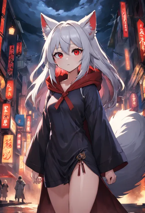 (ambiente dark:0.8) eyes with brightness, in a panoramic view, Character focus.(detailedbackground:0.7), 独奏, shaggy, Furry female, female focus, Towering chest,(Full Body Furry, Fluffy tail, White fur, red color eyes, Gray hair:1.2), (long canines、Vampires...