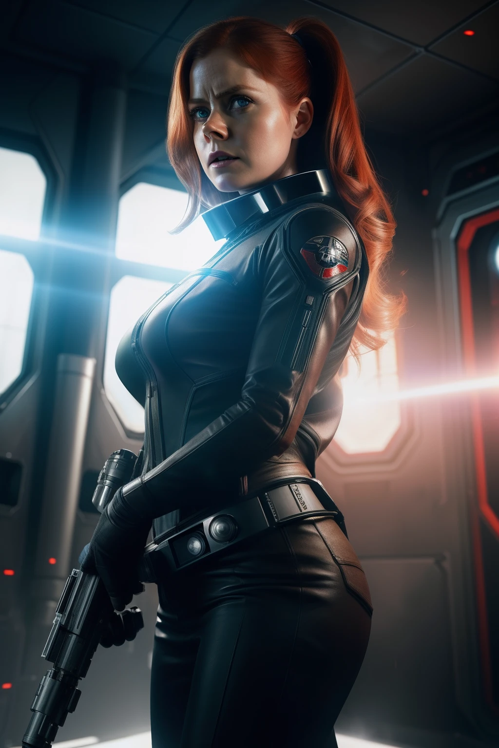 A woman in a black widow costume holding a gun - SeaArt AI