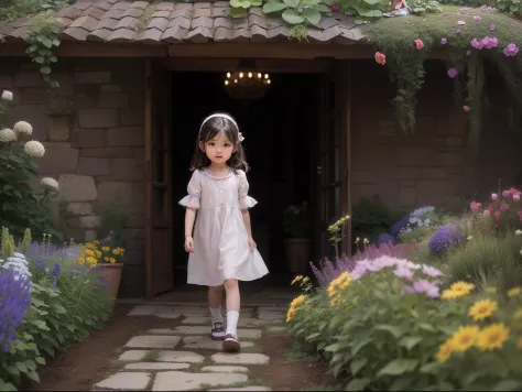 The little girl is wandering in the garden, Sweet faces, Face the lens, , flower pots,rivulets, k hd, Depicted delicately..