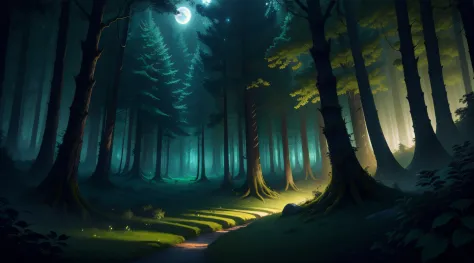 "(Best quality) (Extra High Definition) Illustration of a dark fantasy forest with green lighting under the night moon, depicting the enchanting nature in a lush green forest, illuminated by soft lighting, capturing the essence of the forest soul in mesmer...