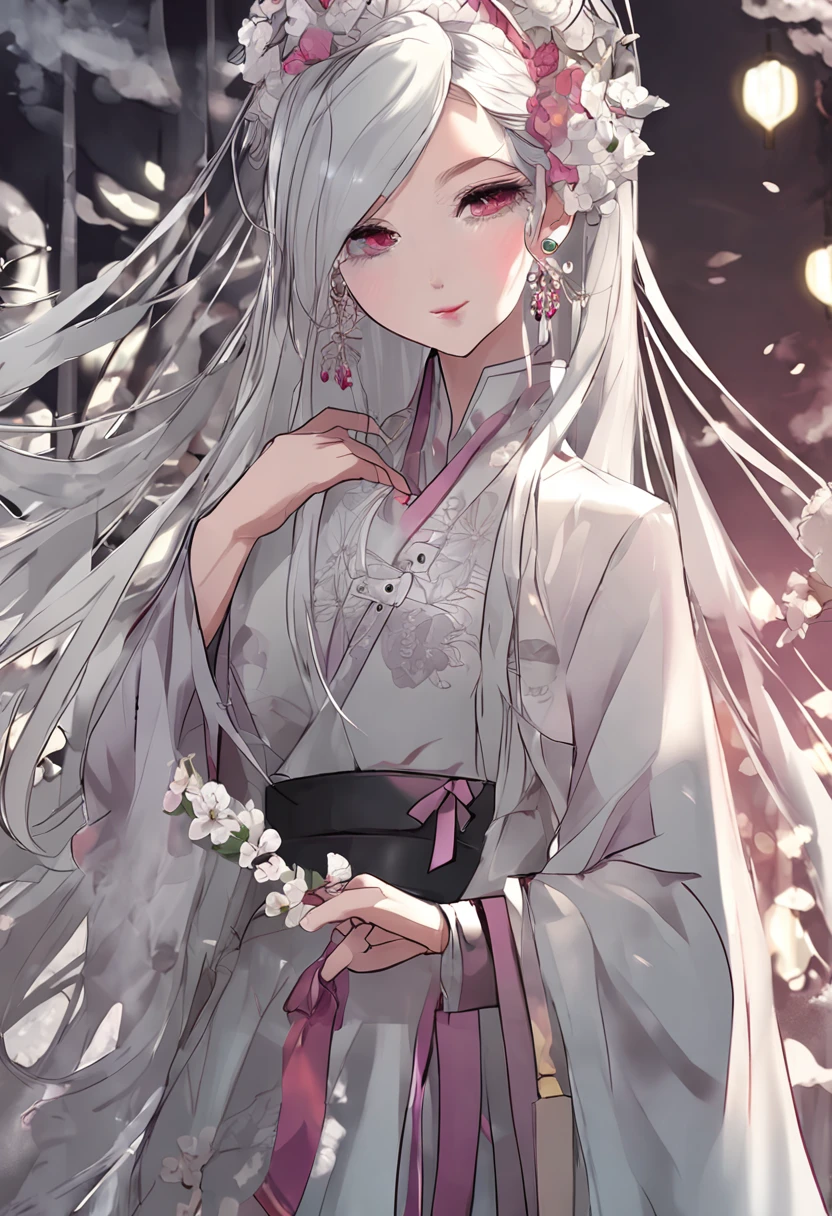 Masterpiece, Best quality, Night, full moon, 1 girl, Mature woman, Chinese style, Ancient China, sister, Royal Sister, Cold expression, Expressionless face, Silver white long haired woman, Light pink lips, calm, Intellectual, tribelt, Gray pupils, assassins, short knife, flower ball background, Stroll through the street view