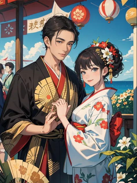 animations、​masterpiece, supreme, Eastern Project Painting Style、Man and woman holding hands、(Summer Festivals)、kimono、A smile、Highly detailed, Smooth and sharp focus, 、