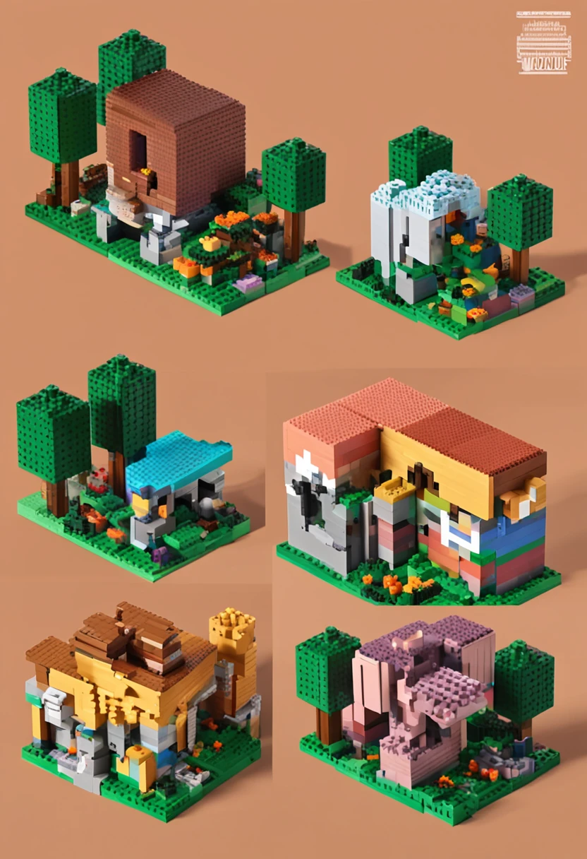 A group of four lego houses with a small house in the middle - SeaArt AI