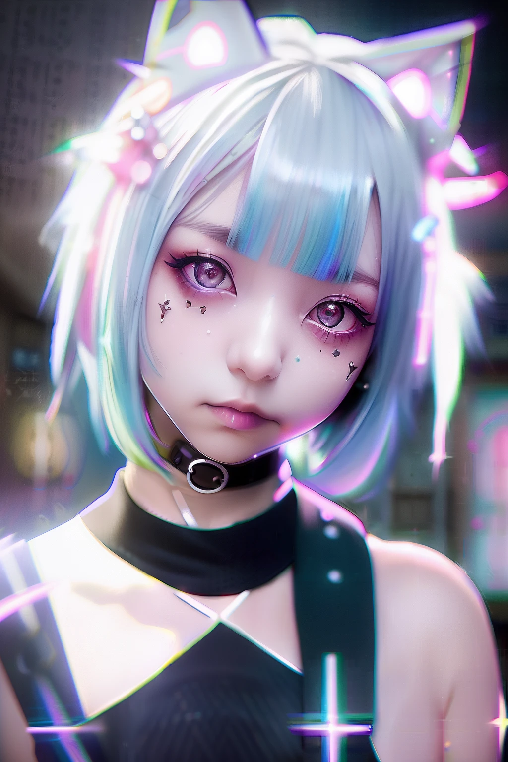 head phone、🎧、A dark-haired、Black hair、🏴‍☠️、skull、☠️、Green hair color、❤️、Pink hair、blue hairs、Colorful Hair Color、goth_punk, 1girl in, 独奏, medium shot, Walking in Harajuku, ((during night)), bokeh dof, Neon light, Iridescent eyes, starrysky, White shiny hair, White eyebrows, Radiant hair, (iridescent white hair), 耳Nipple Ring, bangss, jewely, masks, bluntbangs, verd s eyes, Mouth mask, blurry backround, bblurry, hair adornments, Look at viewers, shorth hair, portraitures, side locks