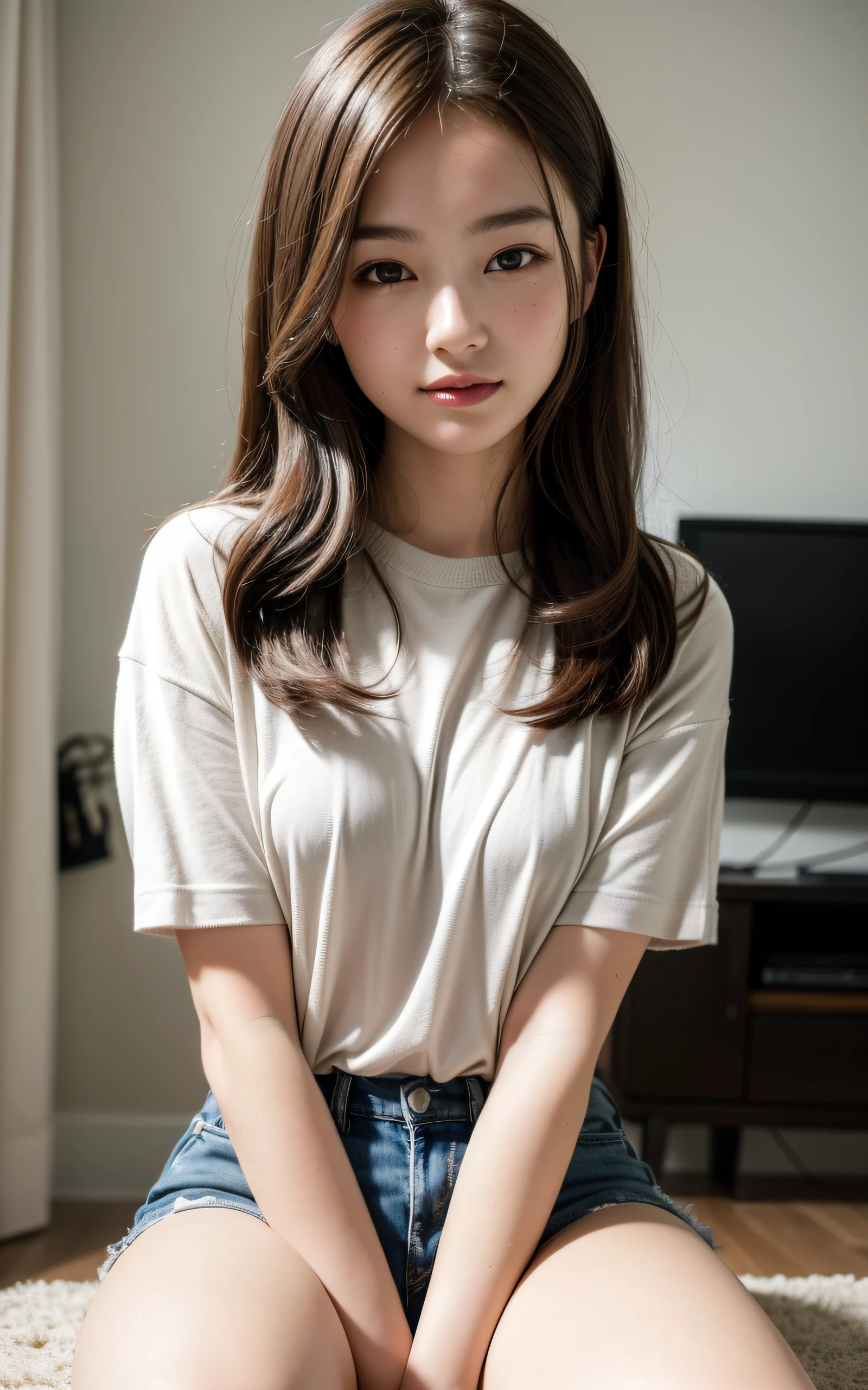 ((The highest image quality, 8K, masterpiece:1.3)), Soft light, professional lighting, Close-up, 1 Beautiful girl、16 years old, cute:1.3, girly, brown hair, (Casual hairstyle, :1.2), Ultra-fine face, detailed eyes, smile, Take pictures in cute poses，tiny small waist，Super big breasts，Close-up chest，White-skinned，background at living room