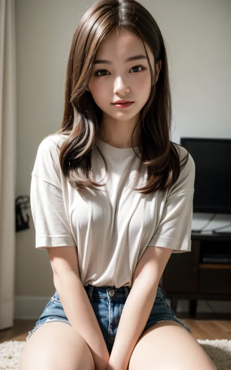 ((The highest image quality, 8K, masterpiece:1.3)), Soft light, professional lighting, Close-up, 1 Beautiful girl、16 years old, cute:1.3, girly, brown hair, (Casual hairstyle, :1.2), Ultra-fine face, detailed eyes, smile, Take pictures in cute poses，tiny s...