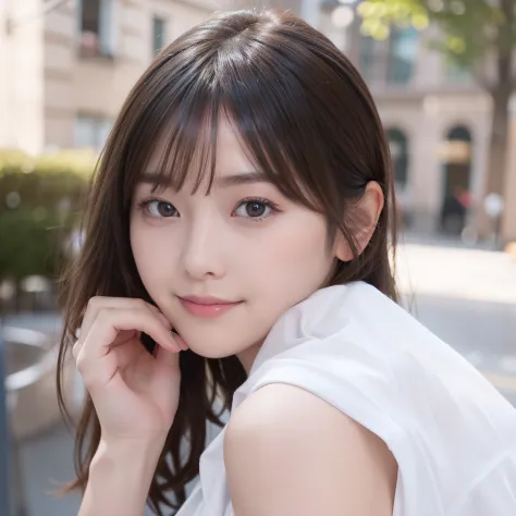 in 8K,Best Quality:1.4, 超A high resolution:1.5, (Photorealistic:1.4),​masterpiece:1.2,(top-quality:1.4)、 Raw photo、 (the background is blurred),  1日本人の女の子, Cute, (Solo:1.4), (Shy smile), Smooth skin、 (Brown medium hair,Bangs),nogizaka,Supple fingertips,Bea...