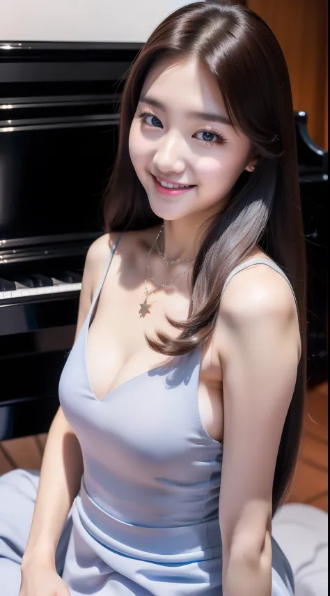 realistic photos of (1 cute Korean star), hair between eyes, white skin, thin makeup, 32 inch breasts size, slightly smile, wearing gray long dress, necklace, playing piano, close-up, 16k